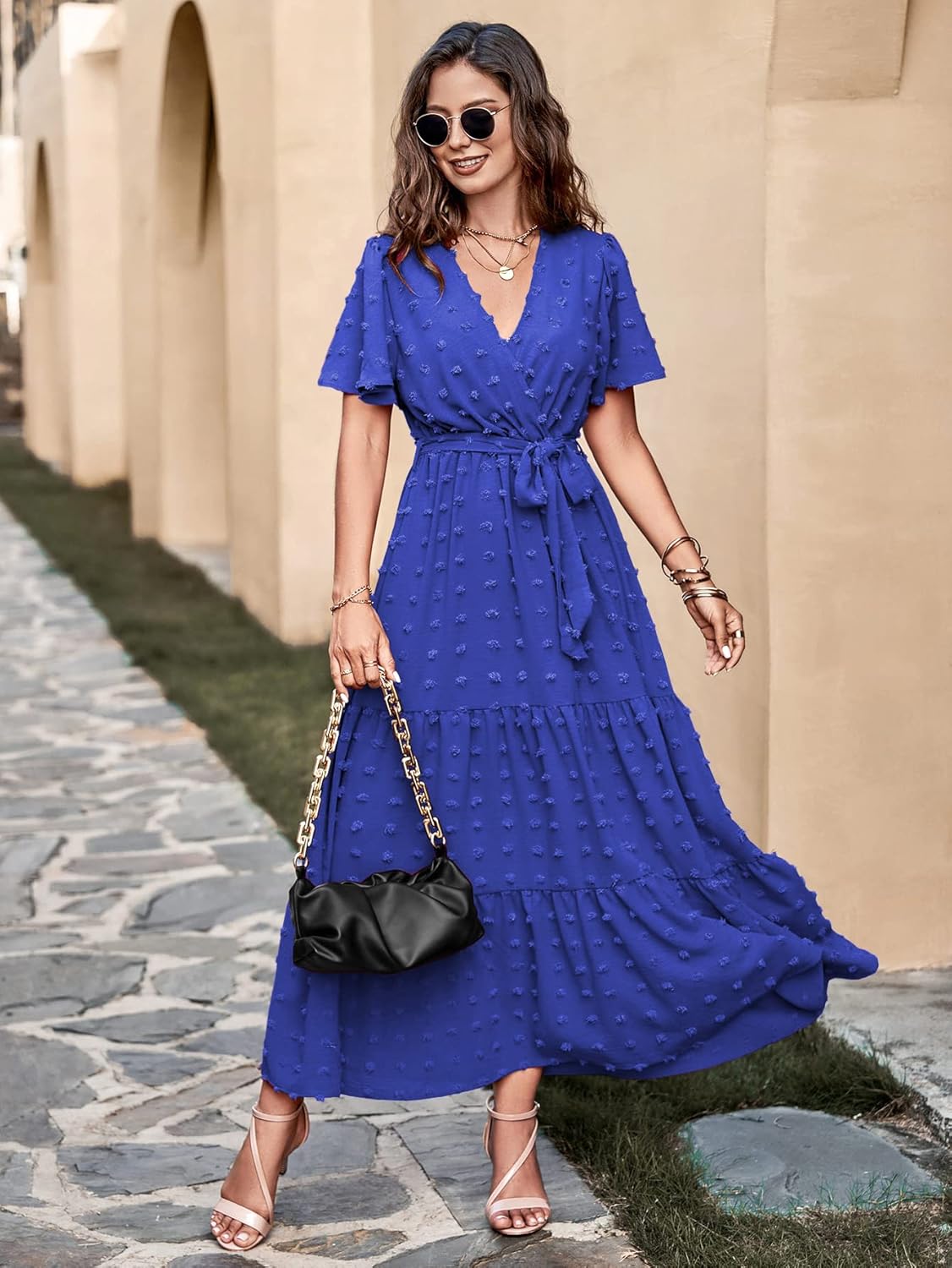 MASCOMODA Womens Boho Swiss Dot Maxi Dresses Wrap V Neck Flutter Short Sleeve Solid Tie Belt A Line Tiered Flowy Long Dress