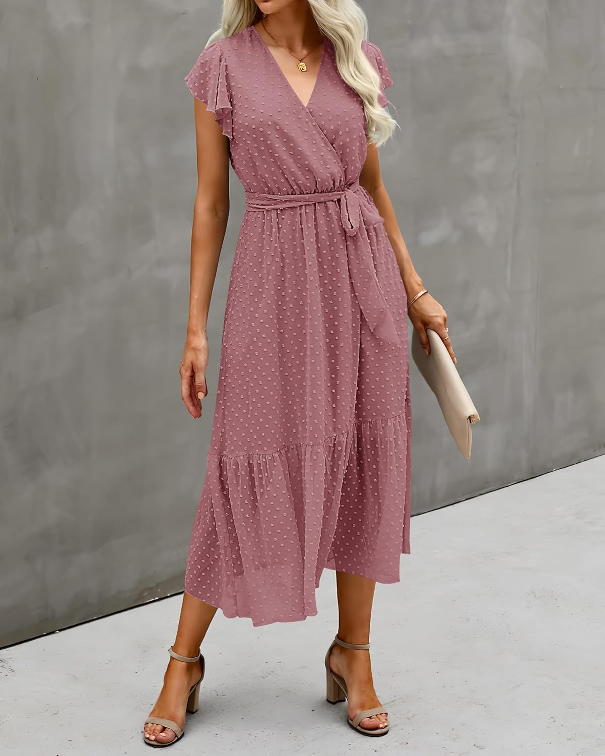 BTFBM Women Summer Bohemian Floral Casual Wrap V Neck Ruffle Cap Sleeveless Belt A-Line Pleated Hem Midi Sun Dress White