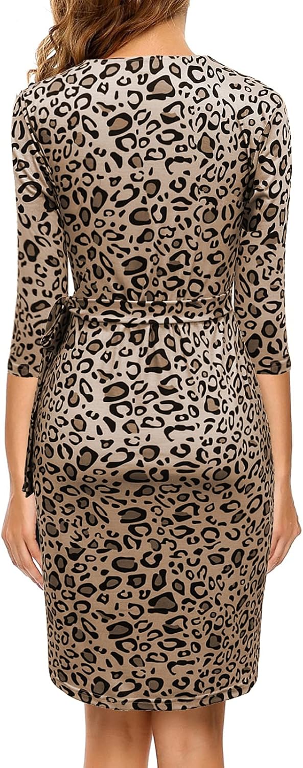 Berydress Women's Classic 3/4 Sleeve V Neck Sheath Casual Party Work Faux Black Wrap Dress