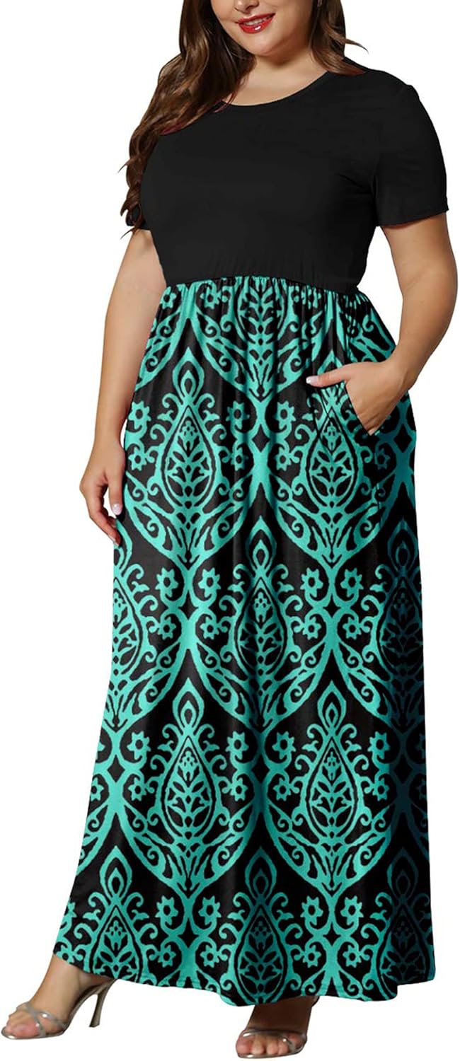 KARALIN Women’s Plus Size Maxi Dresses for Curvy Women Summer Casual Short Sleeve 2025 Long Dress 14W-26W