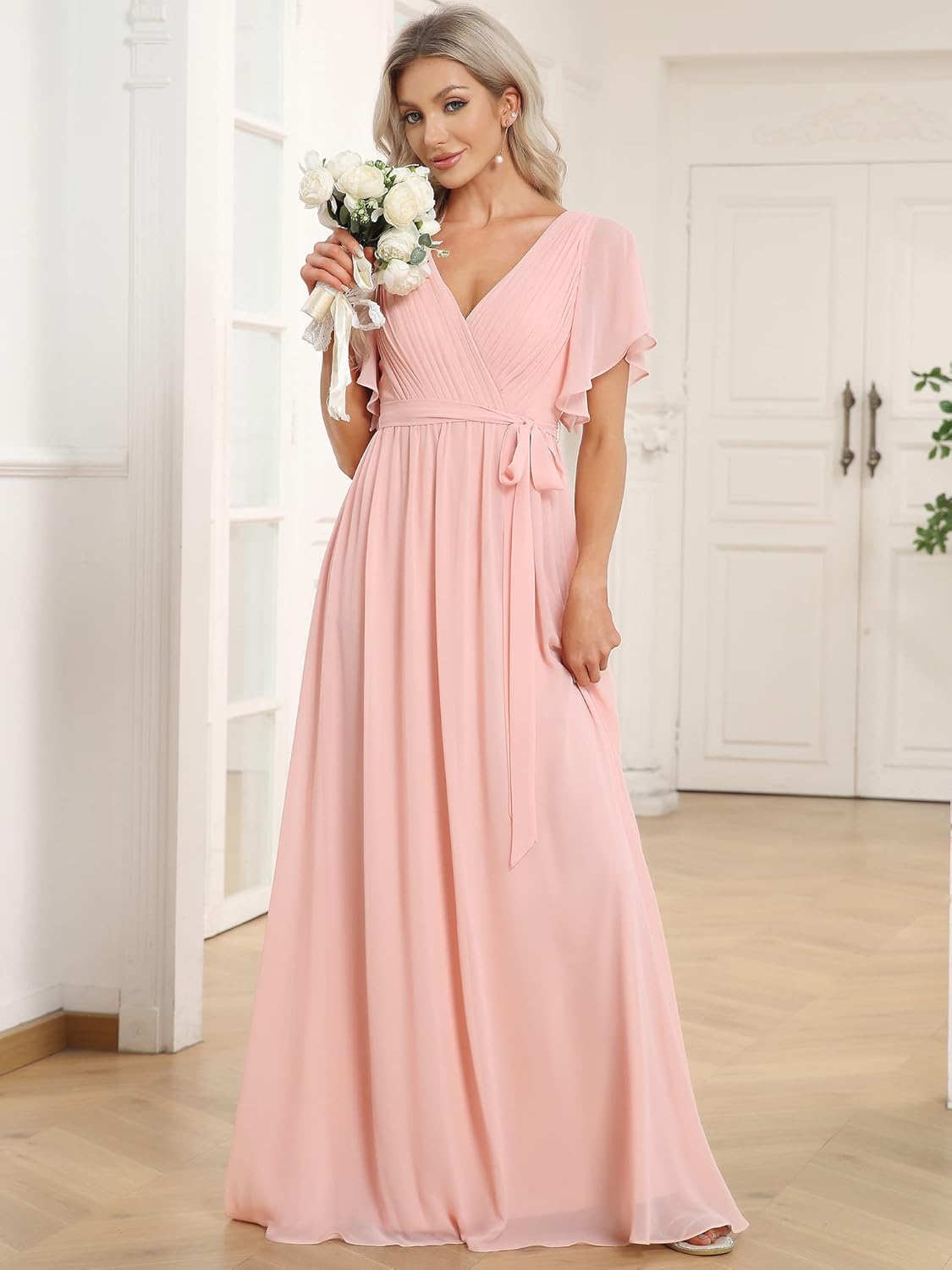 Ever-Pretty Women's Bridesmaid Dress V-Neck Ruffle Sleeves Ruched Bust Floor Length Chiffon Formal Dresses 0164A