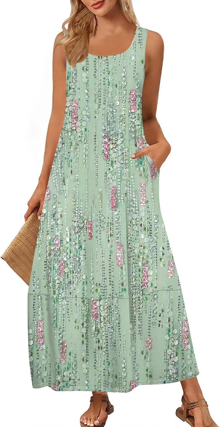 Womens Summer Tank Dress Vacation Boho Floral Long Dresses with Pockets Resort Wear Swing Beach Sleeveless Sundress
