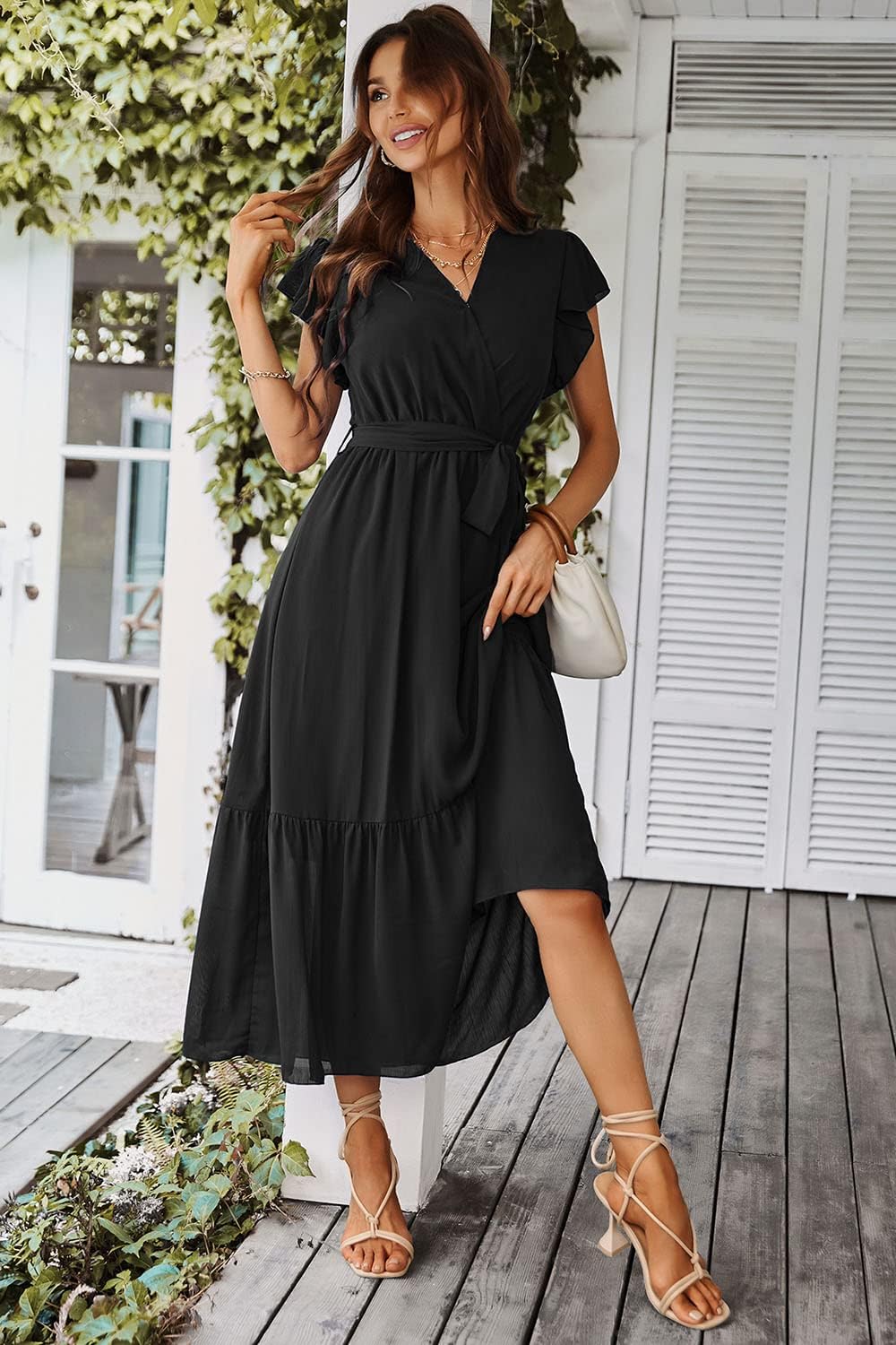 PRETTYGARDEN Women's Summer Floral Boho Dress Wrap V Neck Short Sleeve Ruffle A-Line Flowy Maxi Wedding Guest Dresses