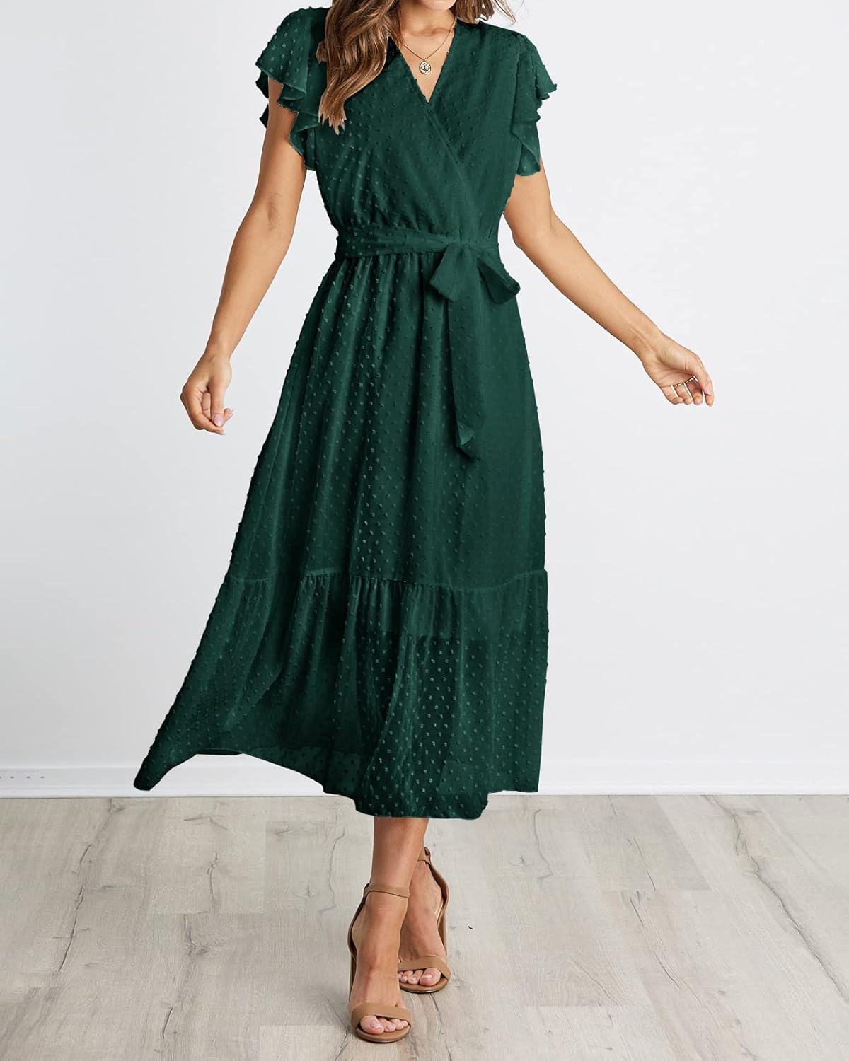 BTFBM Women Summer Bohemian Floral Casual Wrap V Neck Ruffle Cap Sleeveless Belt A-Line Pleated Hem Midi Sun Dress White