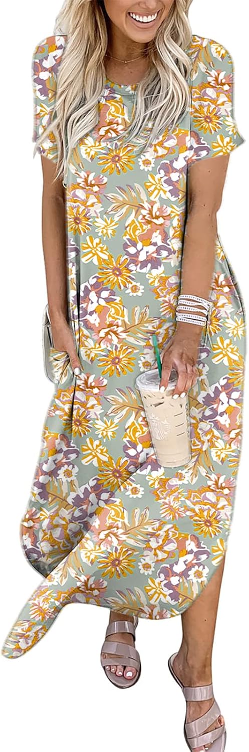 ANRABESS Women's Summer Casual Loose Short Sleeve Long T Shirt Dress Split Maxi Beach Sundress Travel Vacation Outfits
