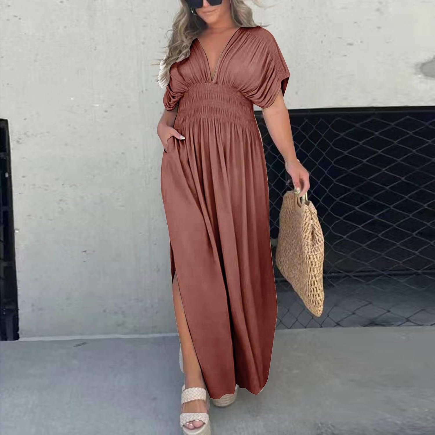 Women's Casual Maxi Dresses Ruffle Sleeve Smocked Dress High Waisted Plus Size Long Dresses Split Flowy Sundress