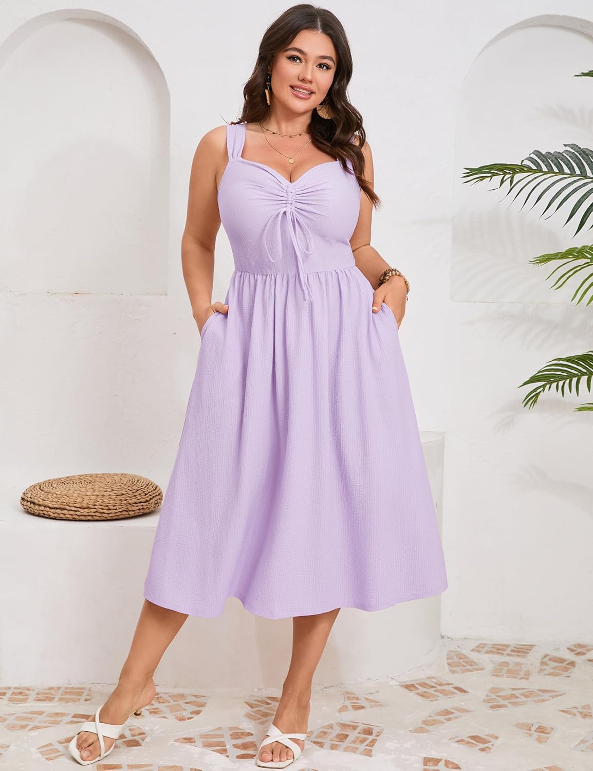 ShopWonder Plus Size Summer Dress for Women Sleeveless Spaghetti Strap V Neck Tie Front A Line Casual Beach Midi Dress