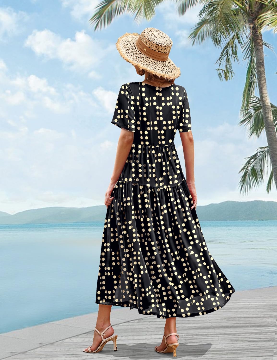 YESNO Women Casual Loose Bohemian Floral Dress with Pockets Short Sleeve Long Maxi Summer Beach Swing Dress EJF