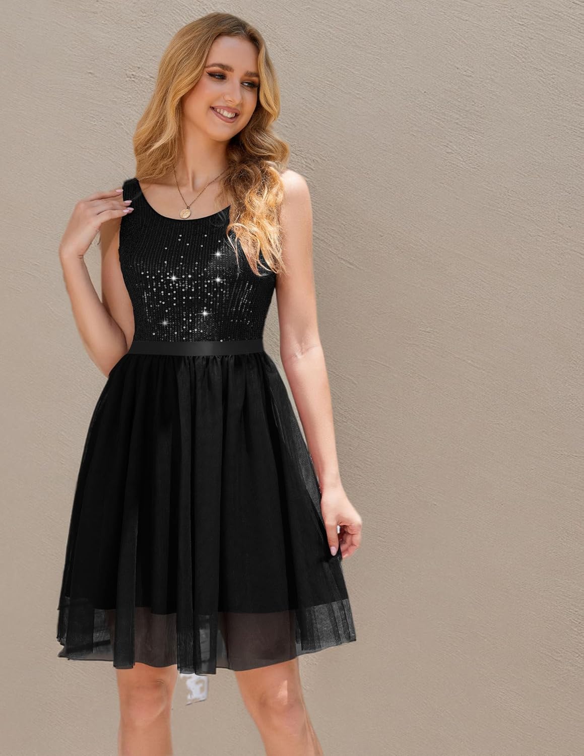 BeryLove Sequin Dress for Woman Vintage A Line Wedding Formal Swing Mesh Dress Sleeveless Cocktail Maxi Gowns