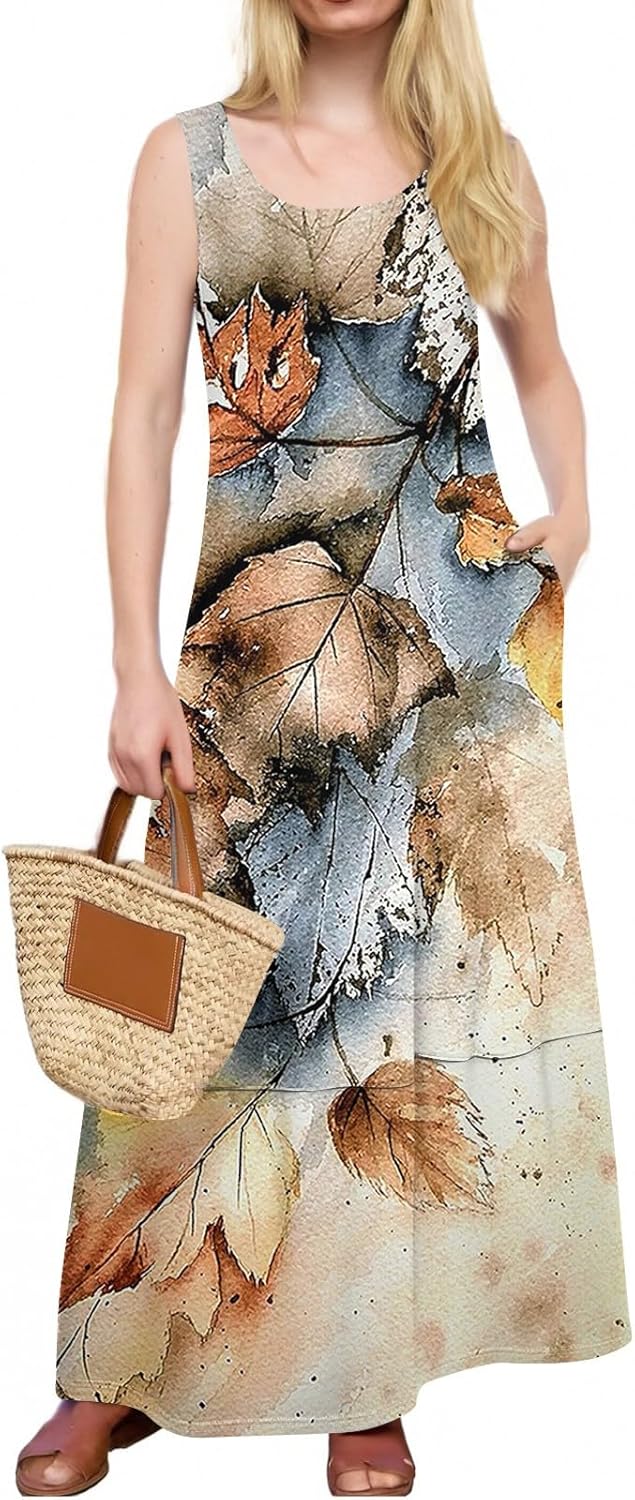 Womens Summer Tank Dress Vacation Boho Floral Long Dresses with Pockets Resort Wear Swing Beach Sleeveless Sundress
