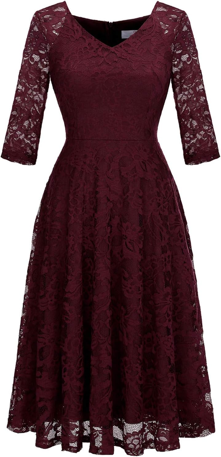 Dressystar Womens Long-Sleeve Wedding Guest Dress A-Line Lace Formal Party Cocktail Midi Dress Prom Gown