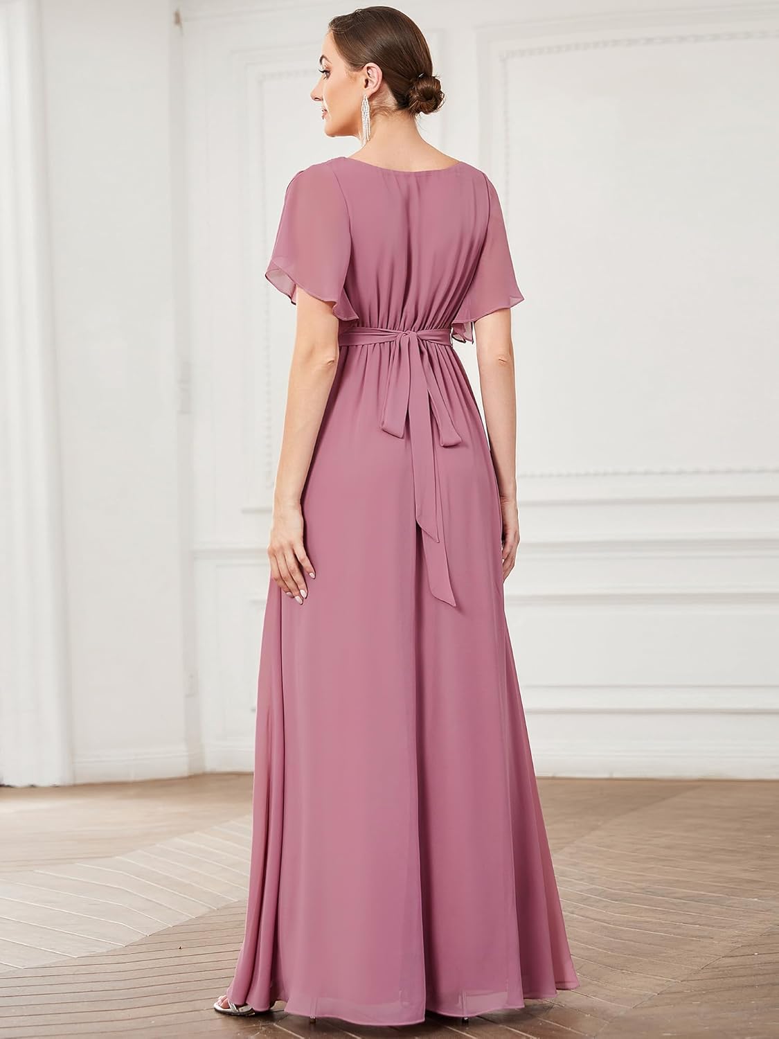 Ever-Pretty Women's Bridesmaid Dress V-Neck Ruffle Sleeves Ruched Bust Floor Length Chiffon Formal Dresses 0164A