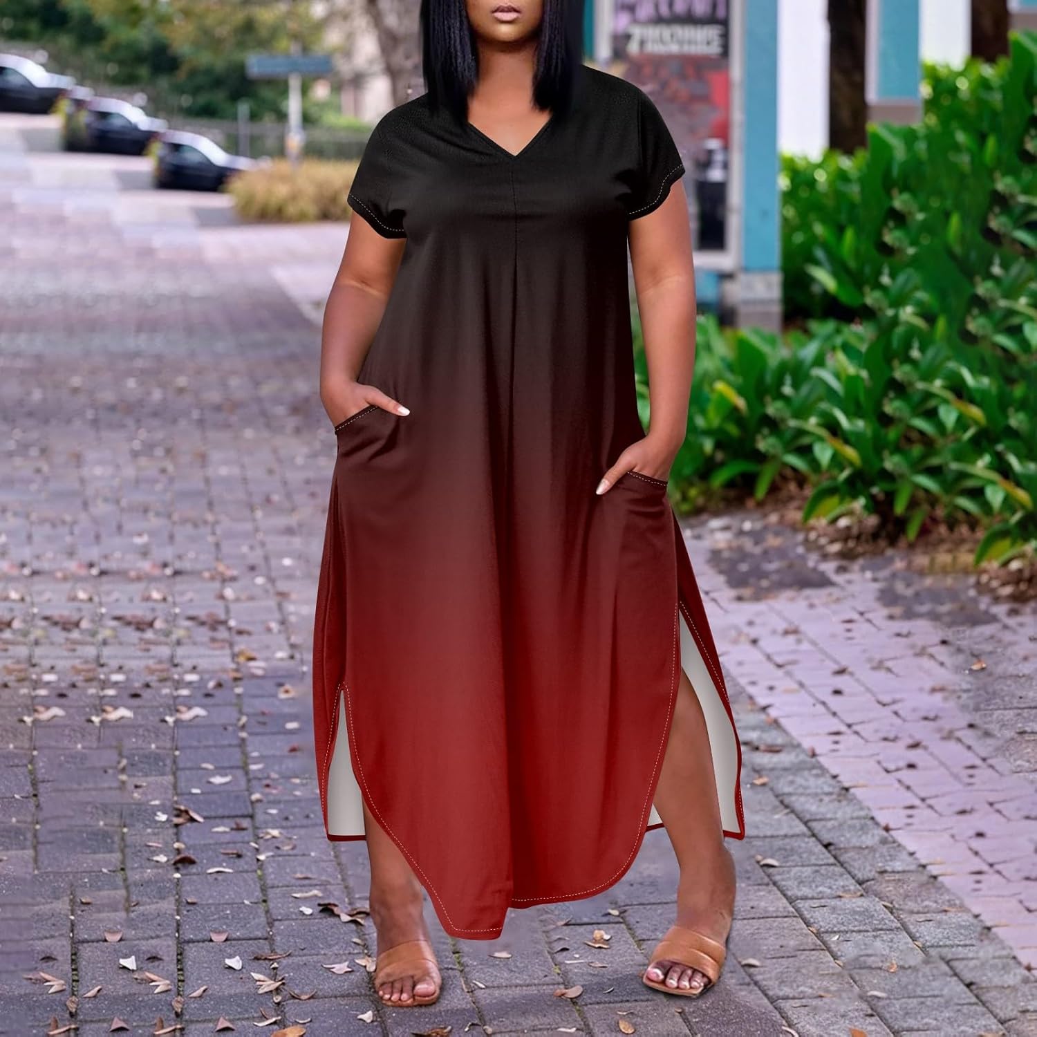 Maxi Dresses for Women 2025 Plus Size Tie Dye V Neck Dress Short Sleeve Side Split Beach Summer Sundress with Pocket