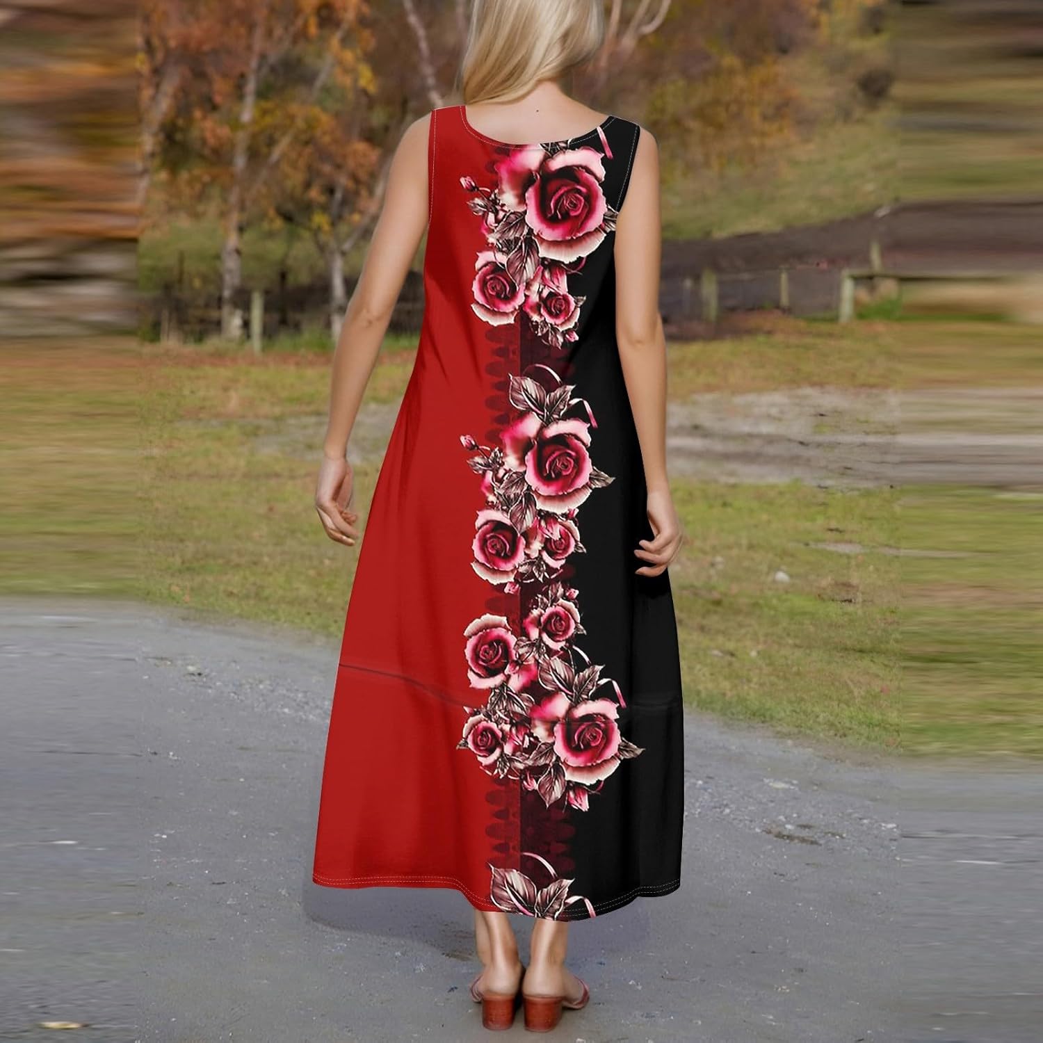 Womens Summer Tank Dress Vacation Boho Floral Long Dresses with Pockets Resort Wear Swing Beach Sleeveless Sundress