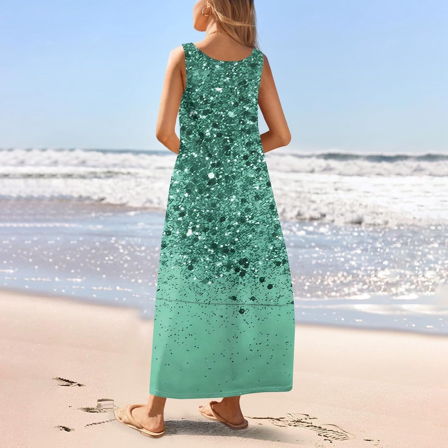 Womens Summer Tank Dress Vacation Boho Floral Long Dresses with Pockets Resort Wear Swing Beach Sleeveless Sundress