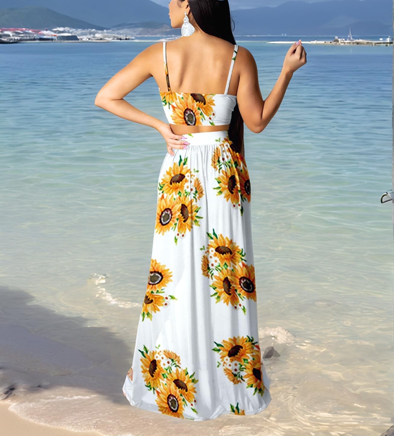 Women Sexy 2 Piece Outfits Dress Chiffon Strap Deep V Neck Bra Crop Top High Split Maxi Dresses Skirt Set