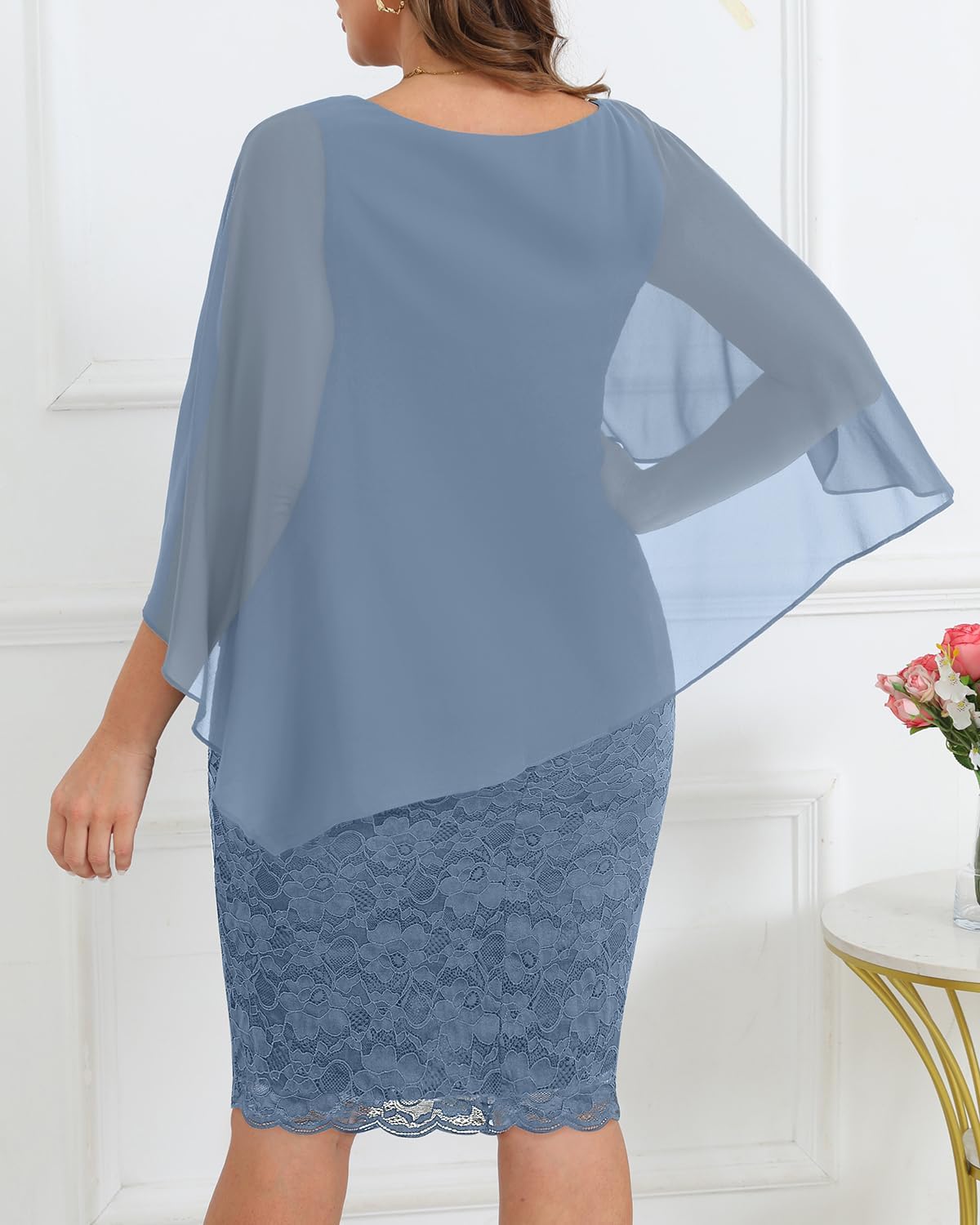 Plus Size Dresses Wedding Guest - Mother Bride Semi Formal Lace Cape with Chiffon Overlay Dresses