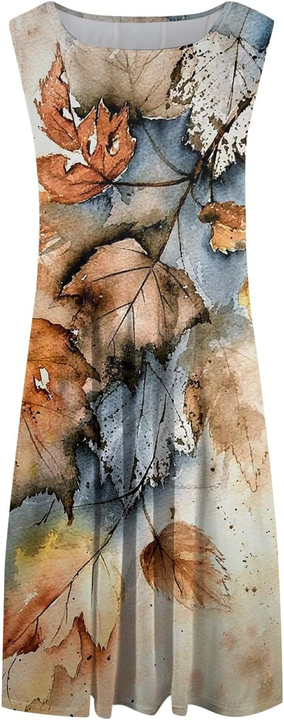 Womens Tank Sundress 2025 Casual Floral Print Tshirt Dress Swing Sleeveless Midi Dress Crewneck Pleated Summer Dresses