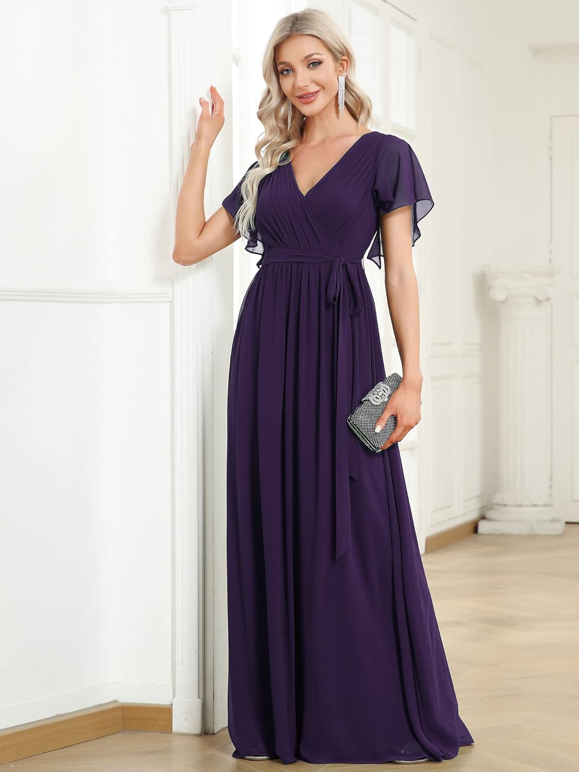 Ever-Pretty Women's Bridesmaid Dress V-Neck Ruffle Sleeves Ruched Bust Floor Length Chiffon Formal Dresses 0164A
