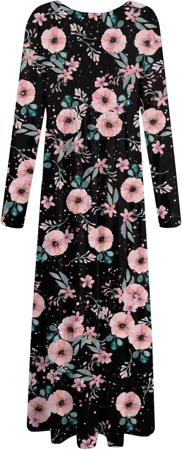 Long Sleeve Maxi Dress for Women Elegant Crew Neck Flowy Swing Dresses Solid Color Wedding Guest Dresses