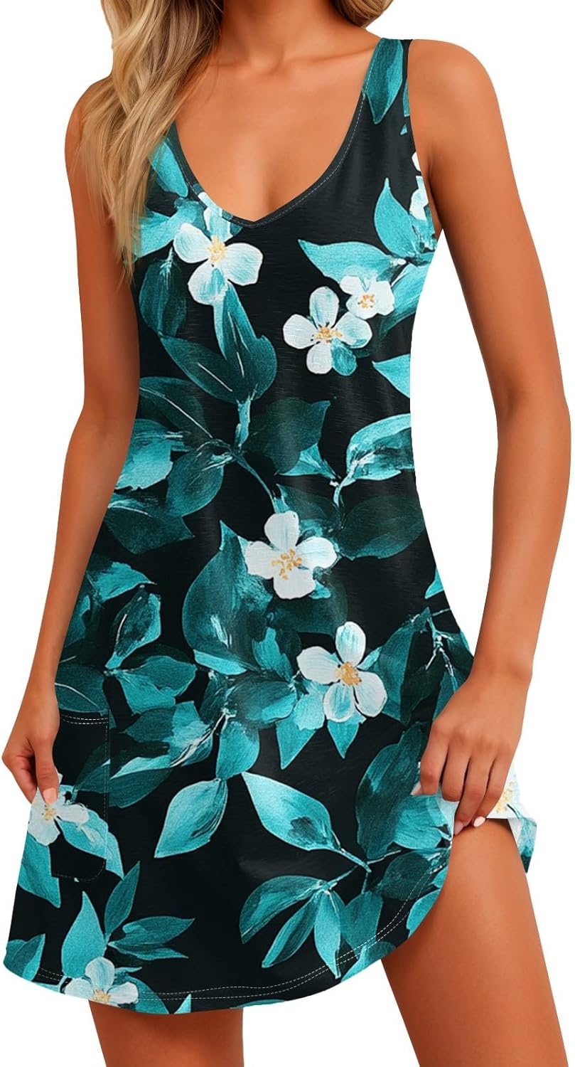 NBXNZWF Women Summer Casual Dress 2025 Casual Loose Sleeveless V-Neck Sundresses A Line Tshirt Beach Dresses with Pockets