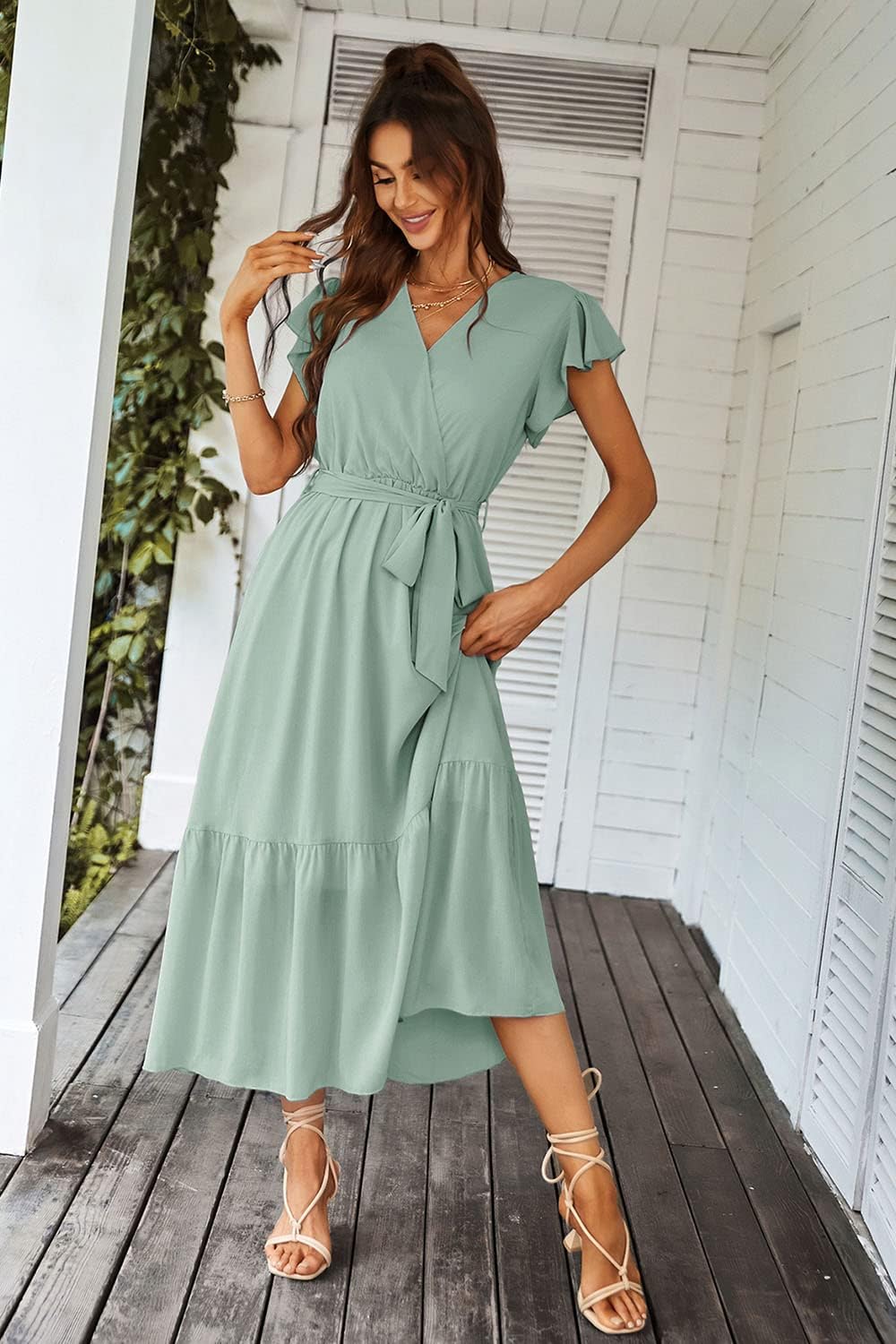 PRETTYGARDEN Women's Summer Floral Boho Dress Wrap V Neck Short Sleeve Ruffle A-Line Flowy Maxi Wedding Guest Dresses