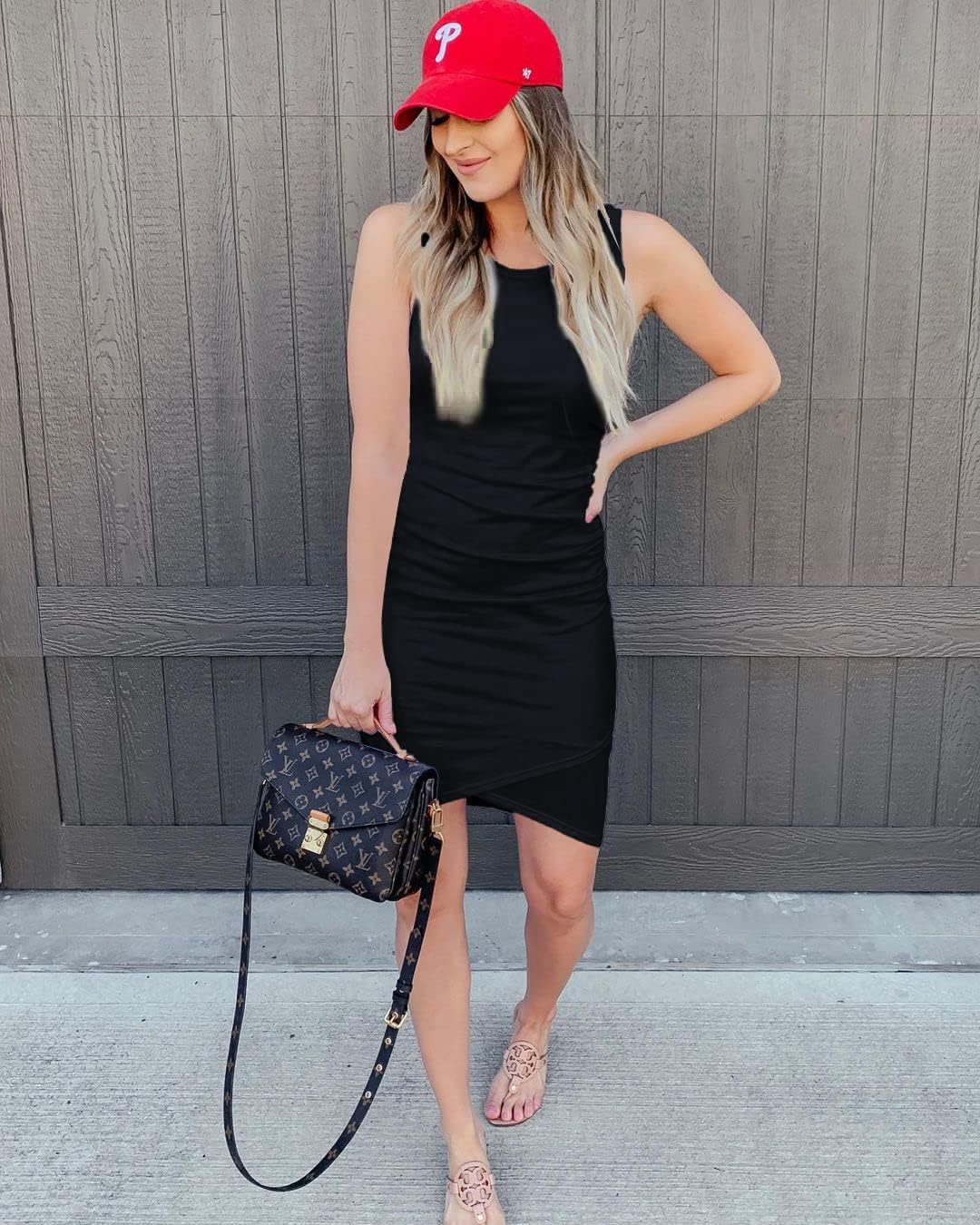 BTFBM Women 2025 Summer Sleeveless Tank Dresses Crew Neck Slim Fit Short Casual Ruched Bodycon Party Club Mini Dress