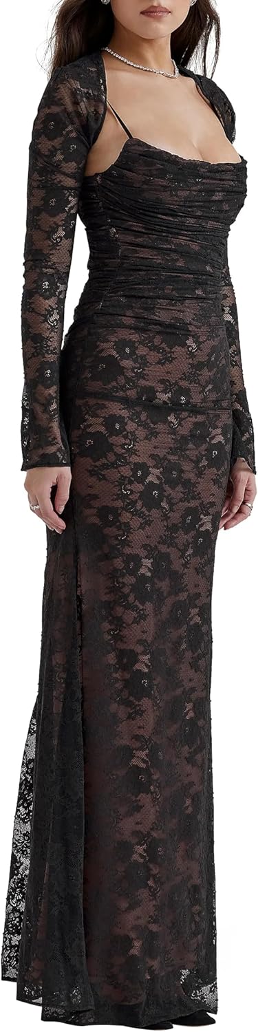 Women Vintage Cream Lace Maxi Dress Romantic Long Sleevees Lace Bodycon Dress
