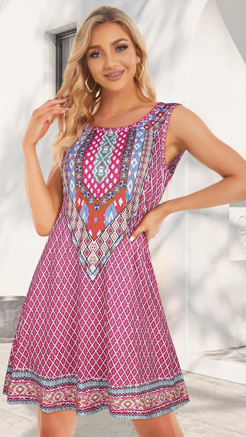 Summer Dresses for Women Beach Boho Sleeveless Vintage Floral Flowy Pocket Tshirt Tank Sundresses
