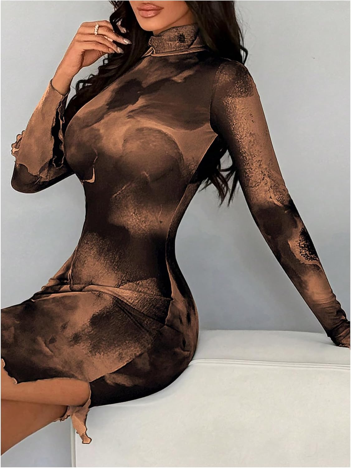 Milumia Women's Leopard Print Sheer Mesh Mini Dresses Long Bell Sleeve See Through Bodycon Dress Party Club Rave