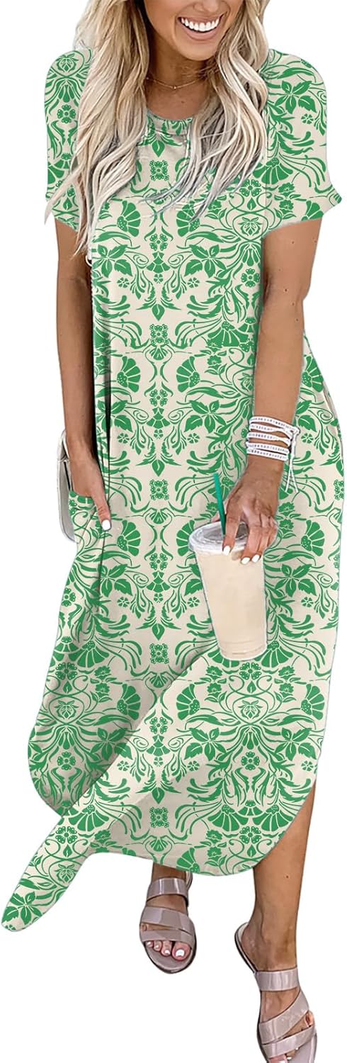 ANRABESS Women's Summer Casual Loose Short Sleeve Long T Shirt Dress Split Maxi Beach Sundress Travel Vacation Outfits