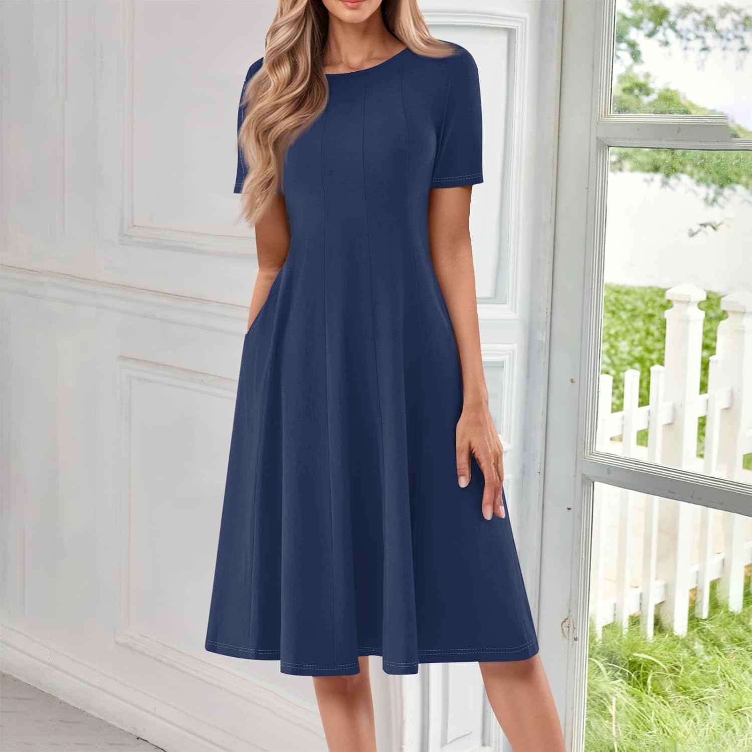 Summer Dresses for Women 2025 Crew Neck Short Sleeve Boho Beach Vacation Floral/Solid Midi Sundresses with Pockets