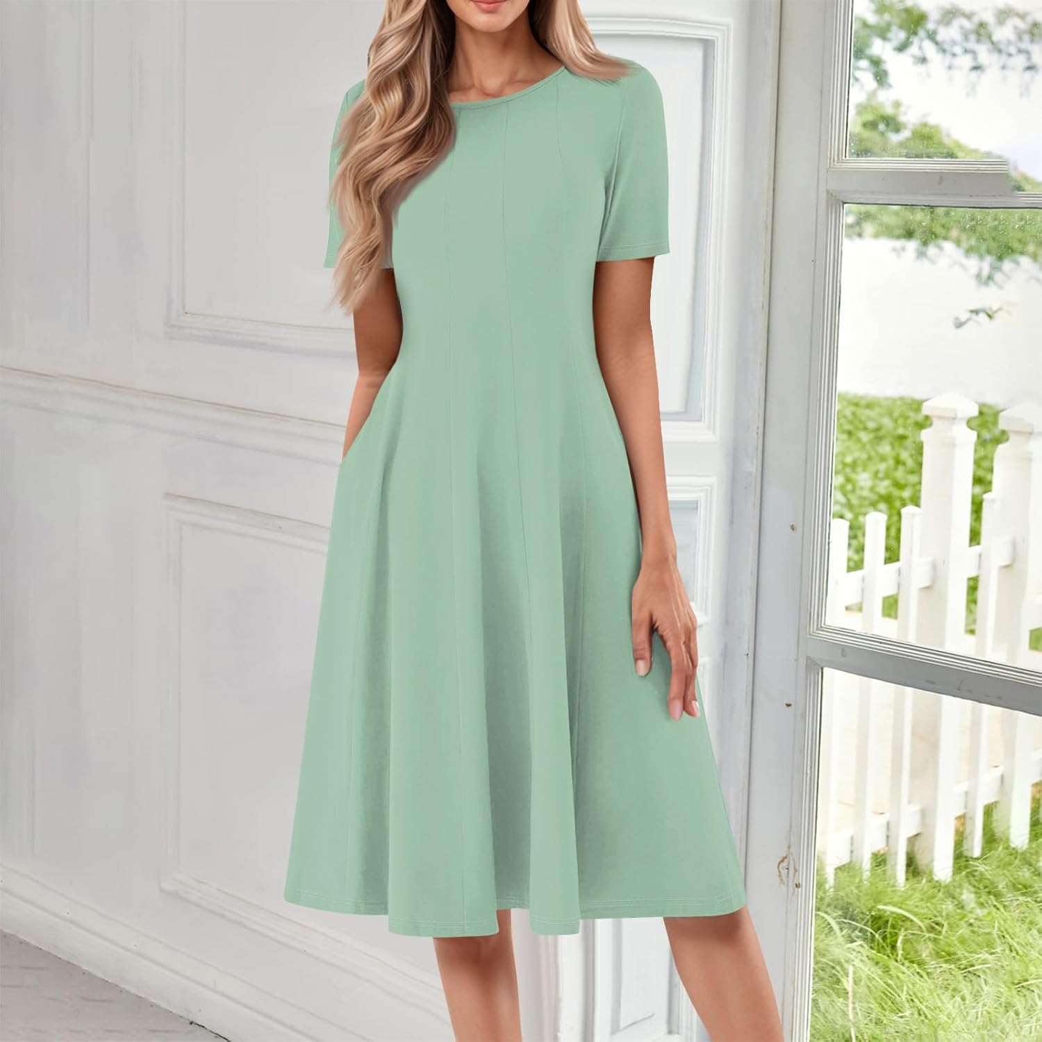Summer Dresses for Women 2025 Crew Neck Short Sleeve Boho Beach Vacation Floral/Solid Midi Sundresses with Pockets