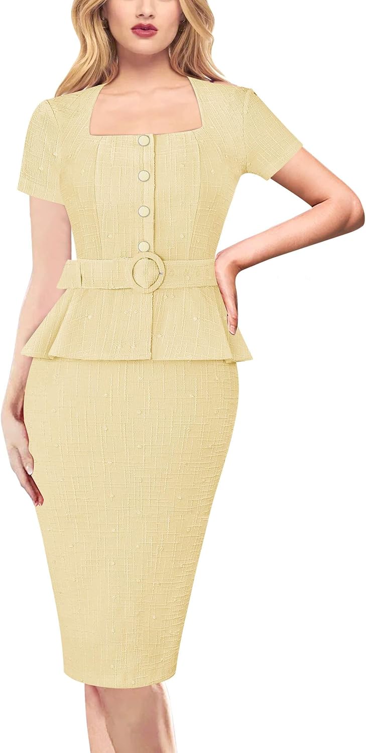 VFSHOW Womens 2024 Business Work Office Square Neck Belted Peplum Buttons Slim Bodycon Sheath Dress