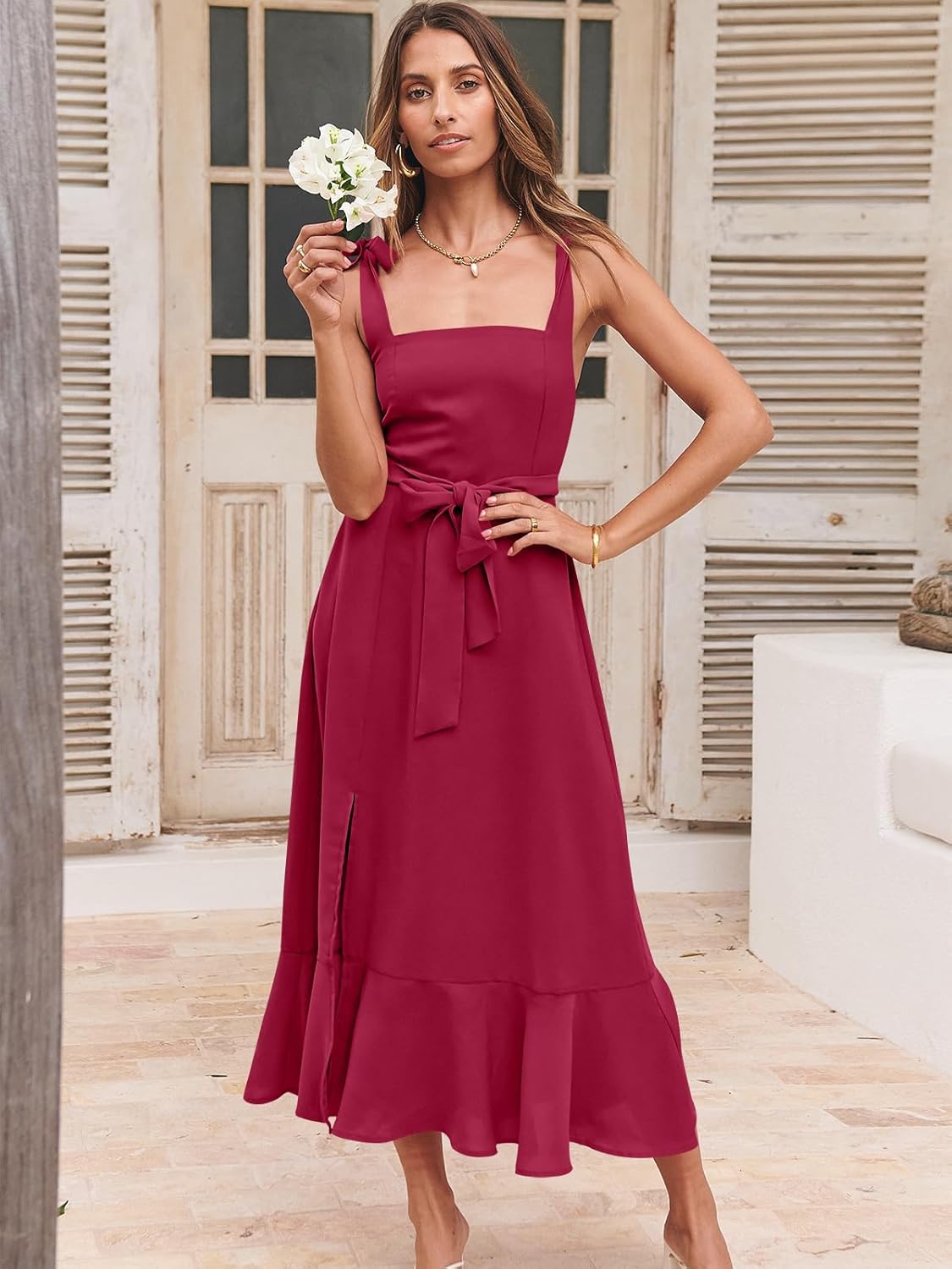 ANRABESS Women's Square Neck Ruffle Split Midi Elegant Formal Wedding Guest Cocktail Bridesmaid Graduation Party Dresses