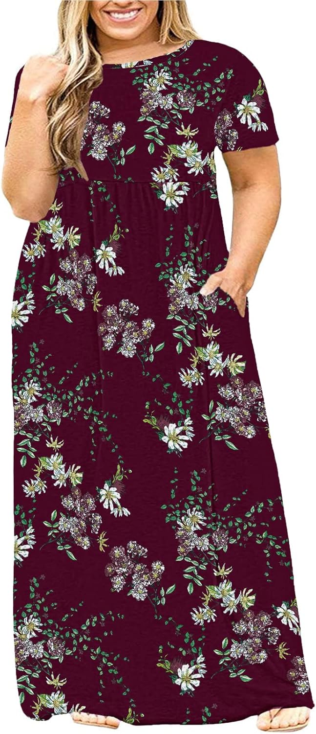 Kancystore Women's Short Sleeve Plus Size Maxi Dress with Pockets Loose Casual Summer Dresses