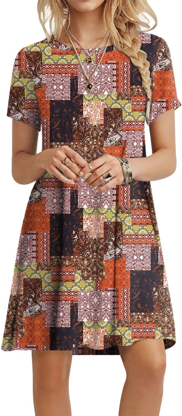 POPYOUNG 2025 Women's Summer Casual T-Shirt Dresses Crew Neck Beach Cover Up Sun Dress
