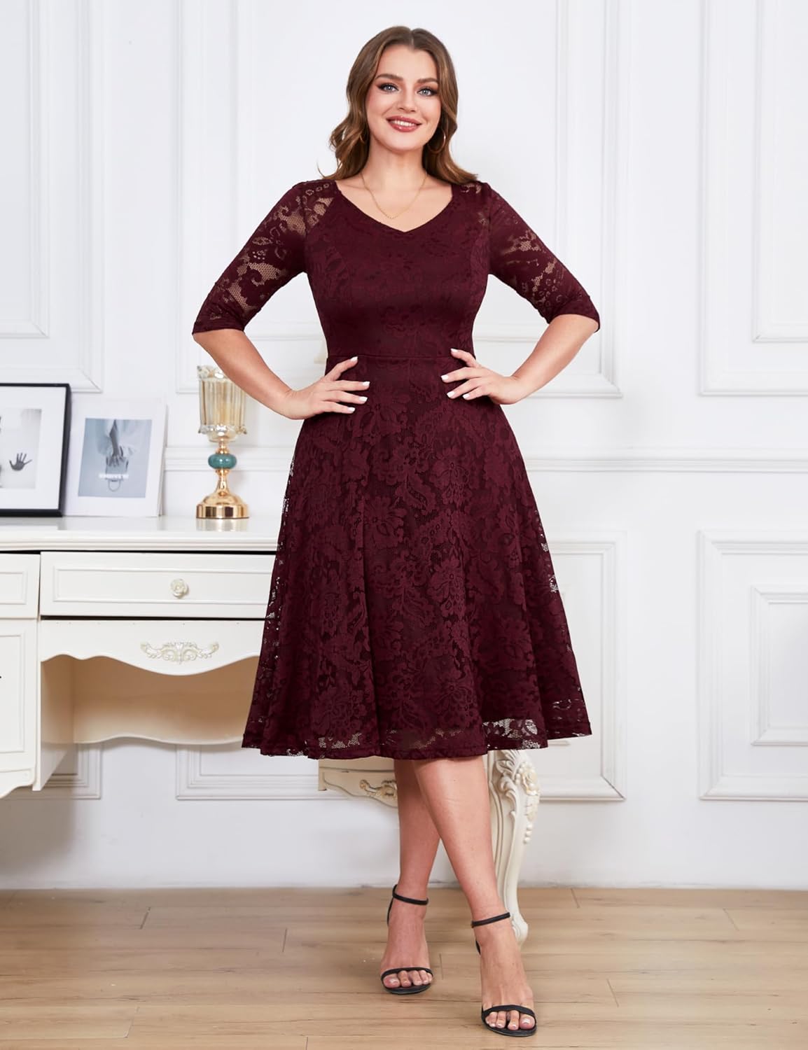 Dressystar Womens Long-Sleeve Wedding Guest Dress A-Line Lace Formal Party Cocktail Midi Dress Prom Gown