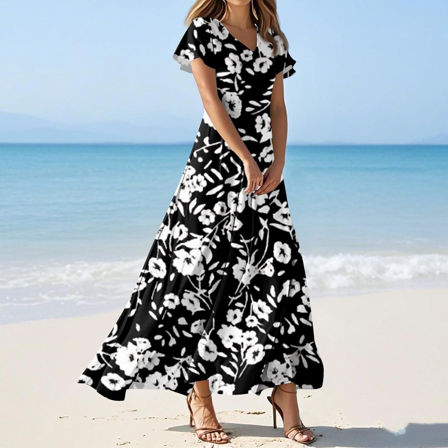 Womens Fashion V Neck Ruffle Short Sleeve Maxi Dress 2025 Summer Elegant Solid Color Flowy A Line Dresses