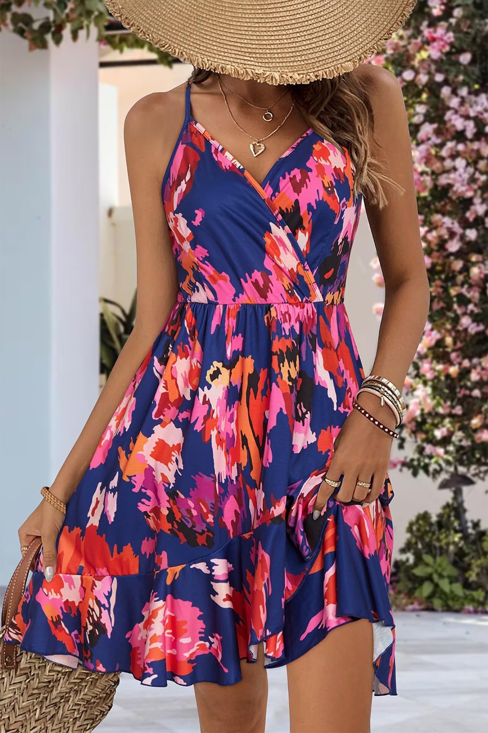 ULTRANICE Womens Summer Dresses Floral V Neck Ruffled Hem Spaghetti Spring Casual Beach Outfits Flowy Wrap Sun Dress