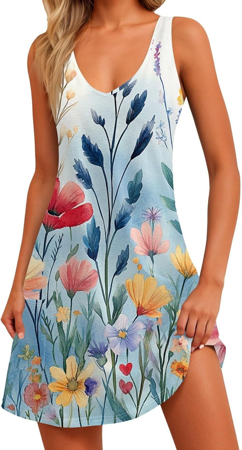 Women's Sleeveless Floral Print Summer Dress Casual V-Neck A-Line Mini Dress for Beach Party and Daily Wear