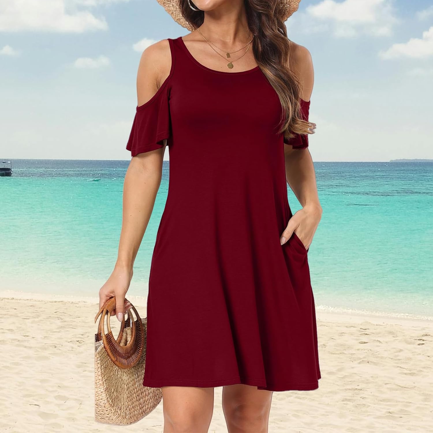Short/Long Sleeve Women's Plus Size Sun Dresses Cold Shoulder Dress with Pockets Casual Swing T-Shirt Dresses