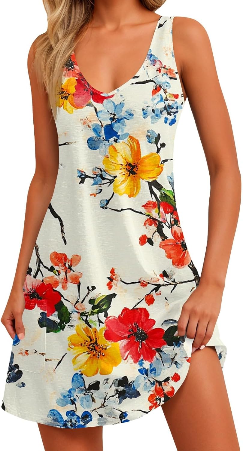 NBXNZWF Women Summer Casual Dress 2025 Casual Loose Sleeveless V-Neck Sundresses A Line Tshirt Beach Dresses with Pockets