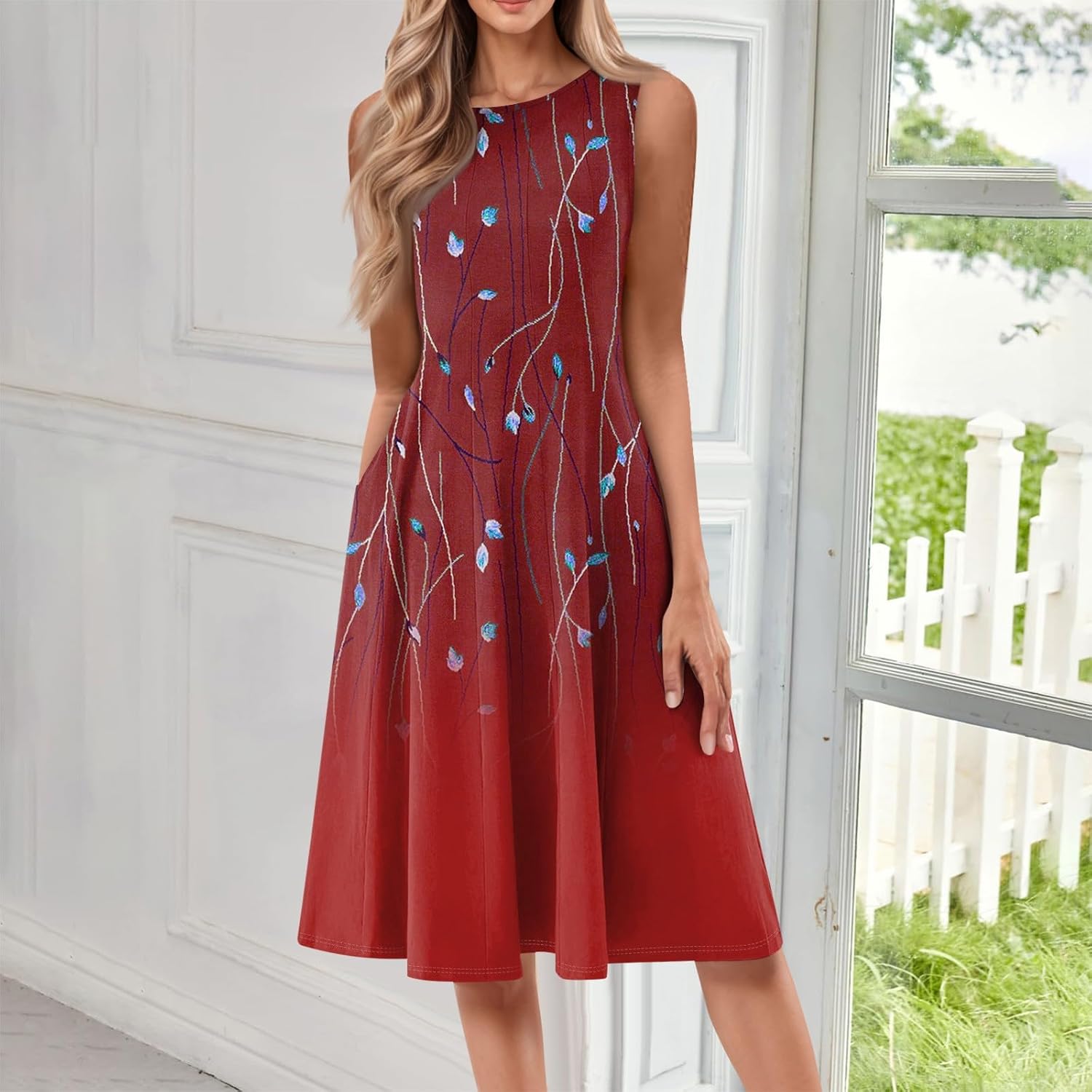 Womens Tank Sundress 2025 Casual Floral Print Tshirt Dress Swing Sleeveless Midi Dress Crewneck Pleated Summer Dresses