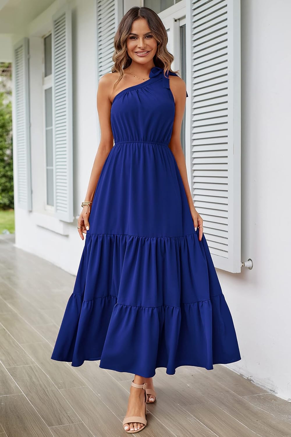 PRETTYGARDEN Women's Summer Floral Maxi Dress Knot One Shoulder Sleeveless Ruffle Flowy Boho Beach Wedding Guest Dresses