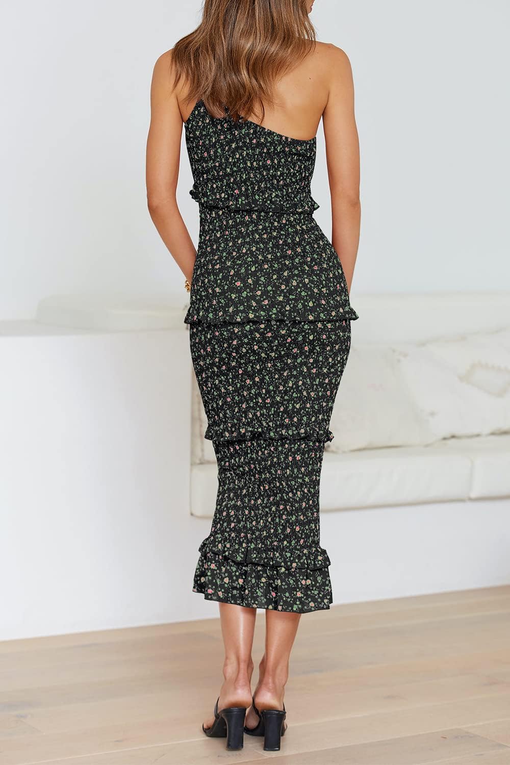PRETTYGARDEN Women's Summer Midi Bodycon Dresses One Shoulder Strappy Tiered Ruffle Floral Boho Sun Dress