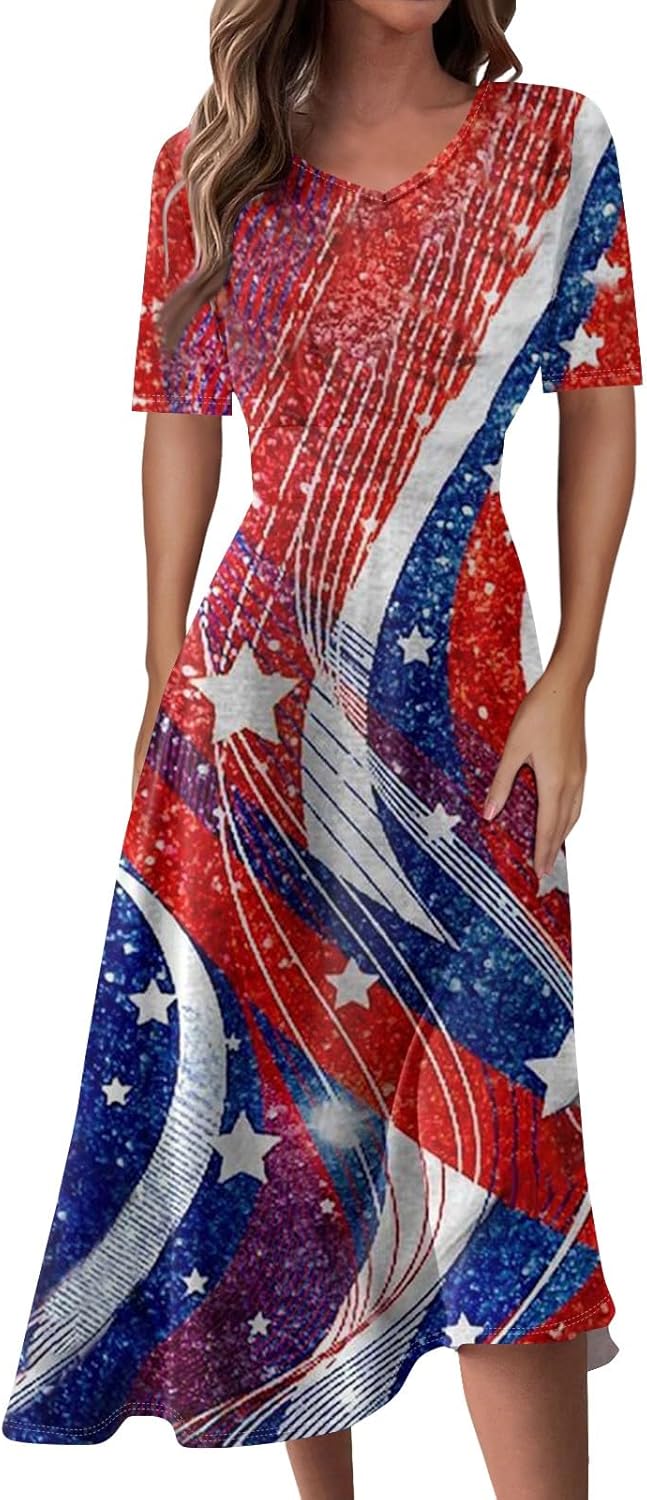 Women's Patriotic Star Print Midi Short Sleeve V-Neck Casual A-Line Dress for Summer Parties & Events