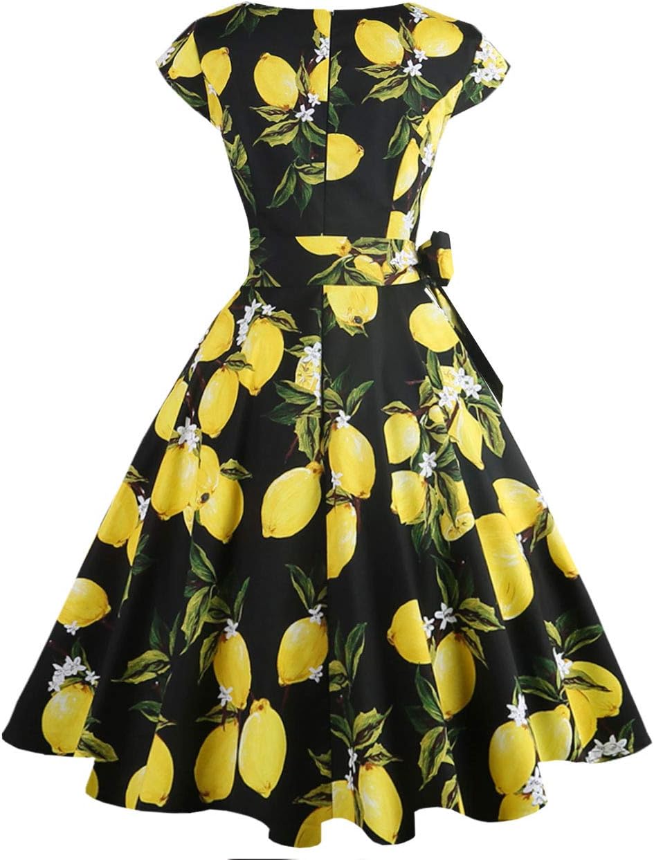 PUKAVT Women's 1950 Boatneck Cap Sleeve Vintage Swing Cocktail Party Dress with Pockets