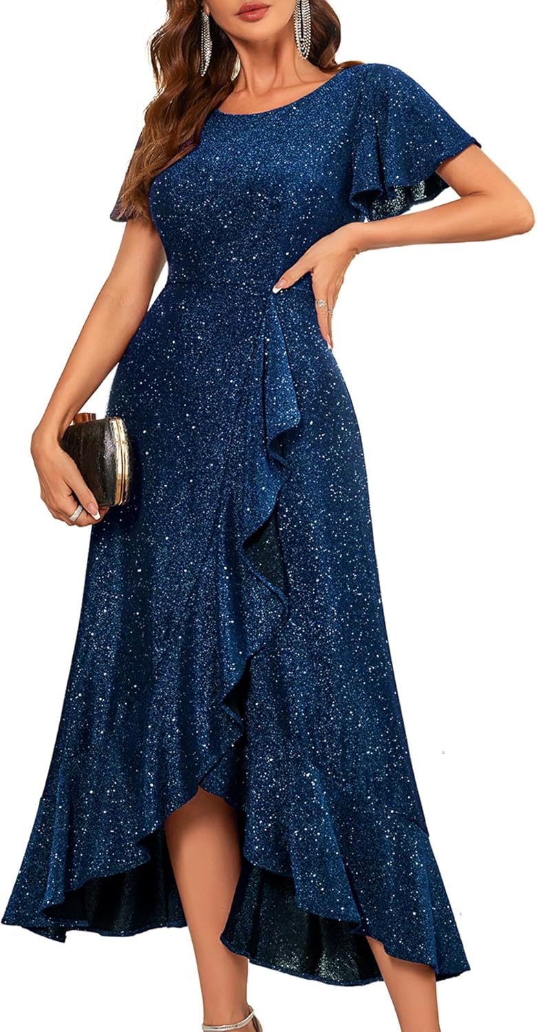 BeryLove Women Sequin Formal Party Dress Flutter Short Sleeve Wedding Cocktail Long Evening Dress