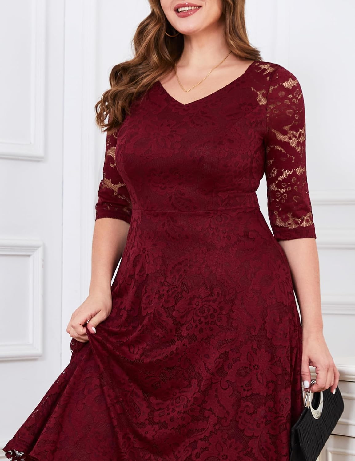Dressystar Womens Long-Sleeve Wedding Guest Dress A-Line Lace Formal Party Cocktail Midi Dress Prom Gown